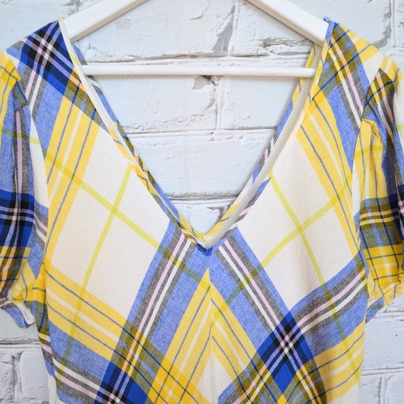 Urban Outfitters Peppa Blue Yellow Plaid Linen Blend Dress - Picture 3 of 6